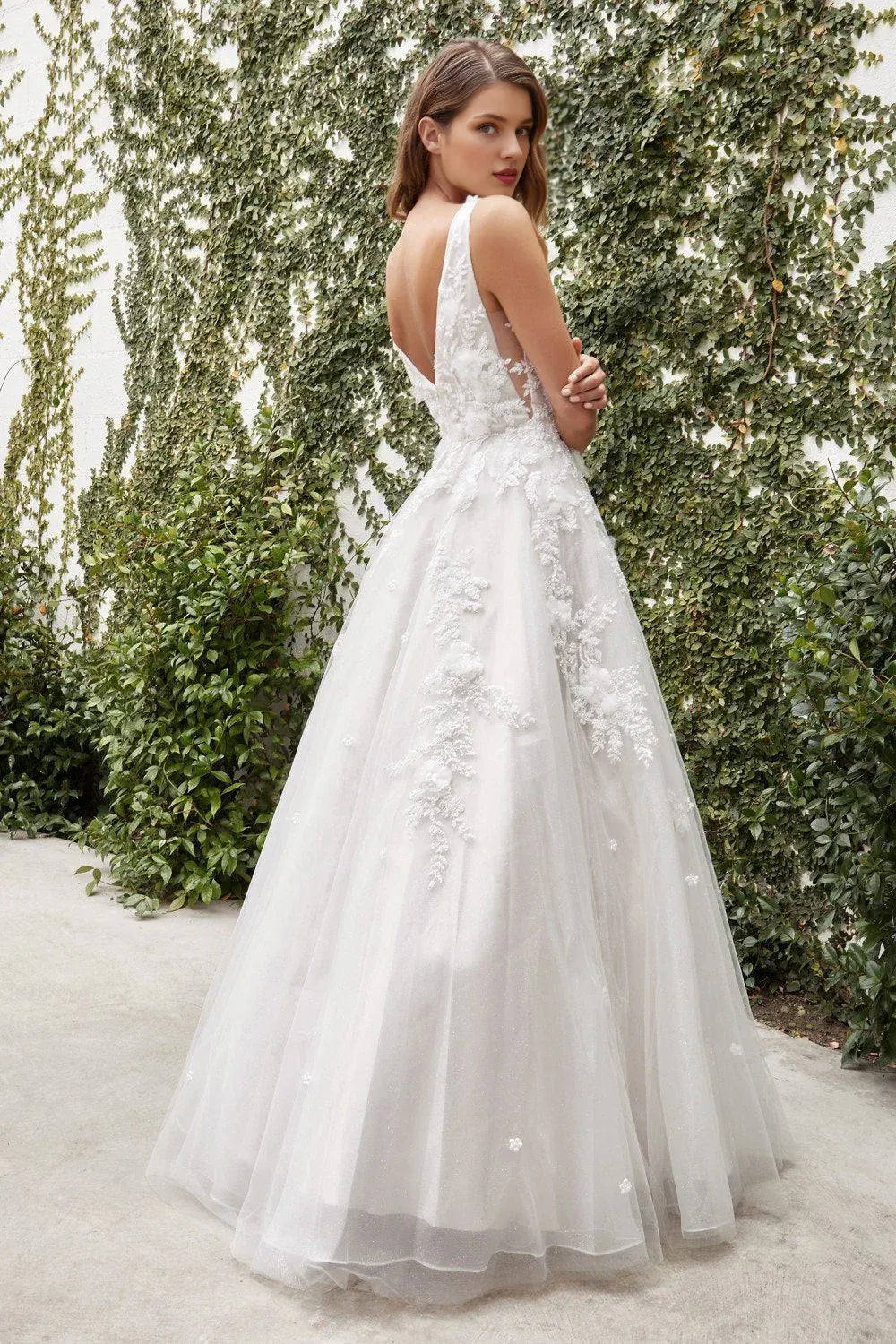 Blossoming A-Line Plunge-Neck Sleeveless Floor-Length Wedding Dress