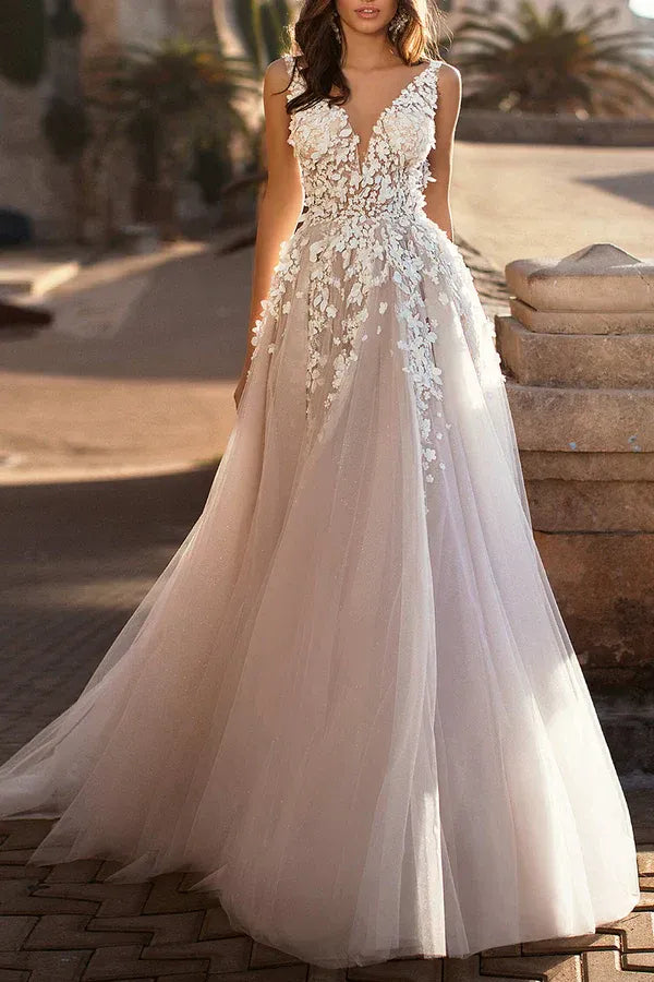 Blush Plunging V-Neck Spaghetti-Strap A-Line Floor-Length Wedding Dress
