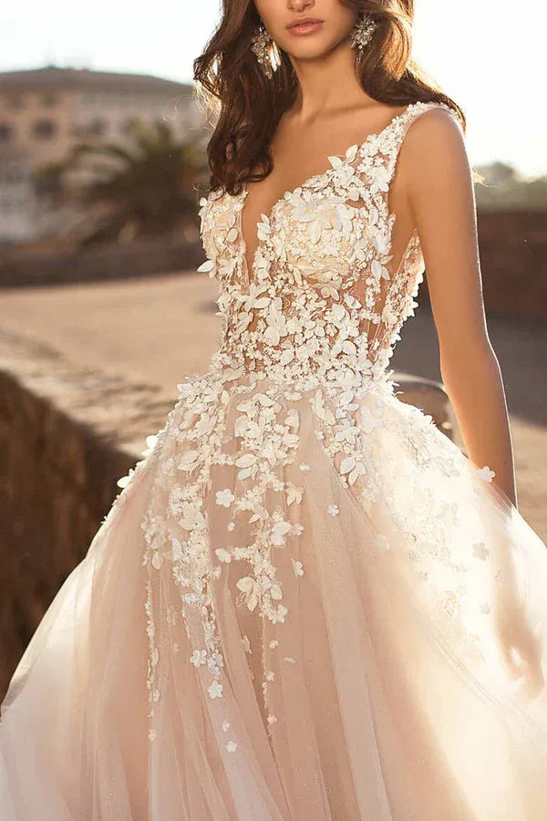 Blush Plunging V-Neck Spaghetti-Strap A-Line Floor-Length Wedding Dress