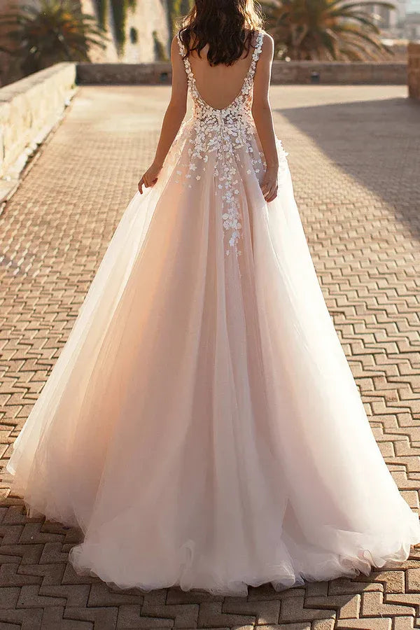 Blush Plunging V-Neck Spaghetti-Strap A-Line Floor-Length Wedding Dress