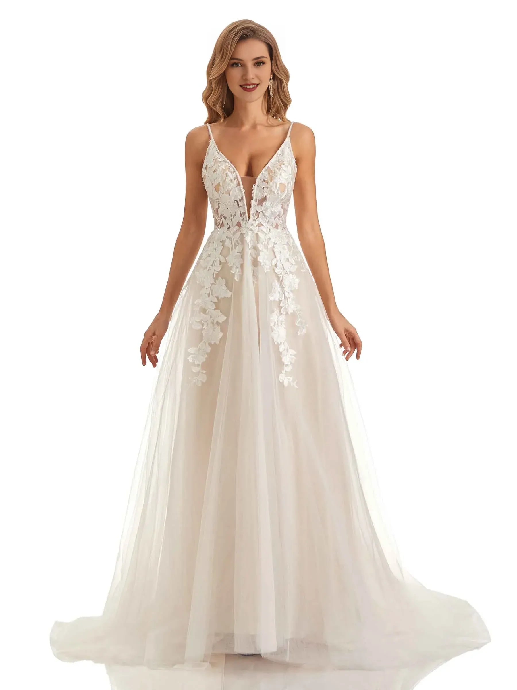 Bohemian A-Line Plunge-Neck Spaghetti-Strap Floor-Length Wedding Dress