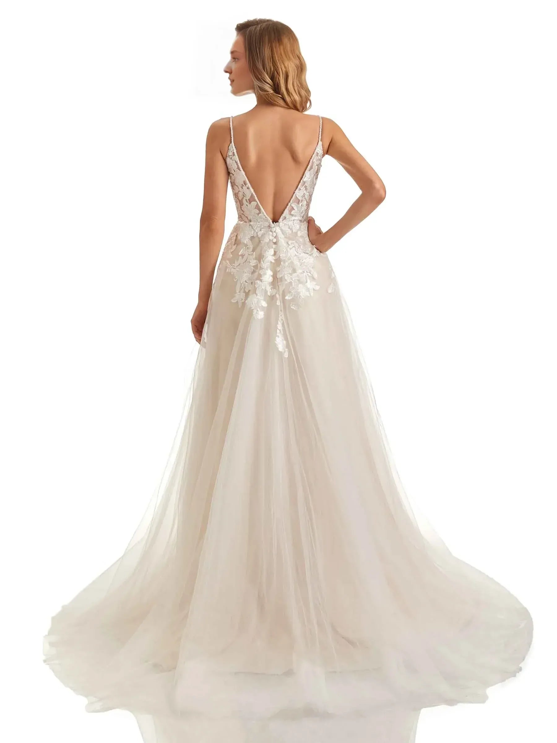 Bohemian A-Line Plunge-Neck Spaghetti-Strap Floor-Length Wedding Dress