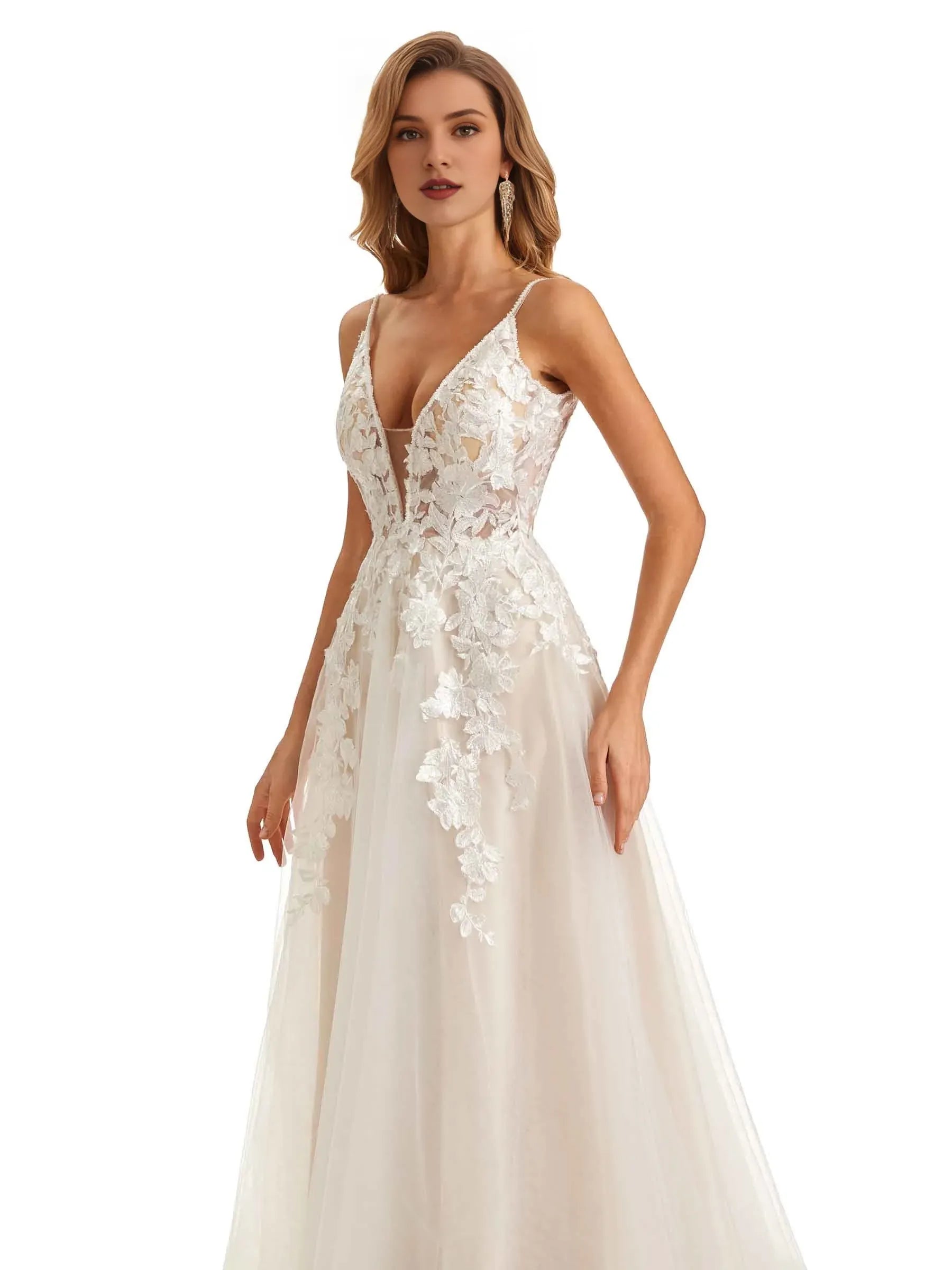 Bohemian A-Line Plunge-Neck Spaghetti-Strap Floor-Length Wedding Dress