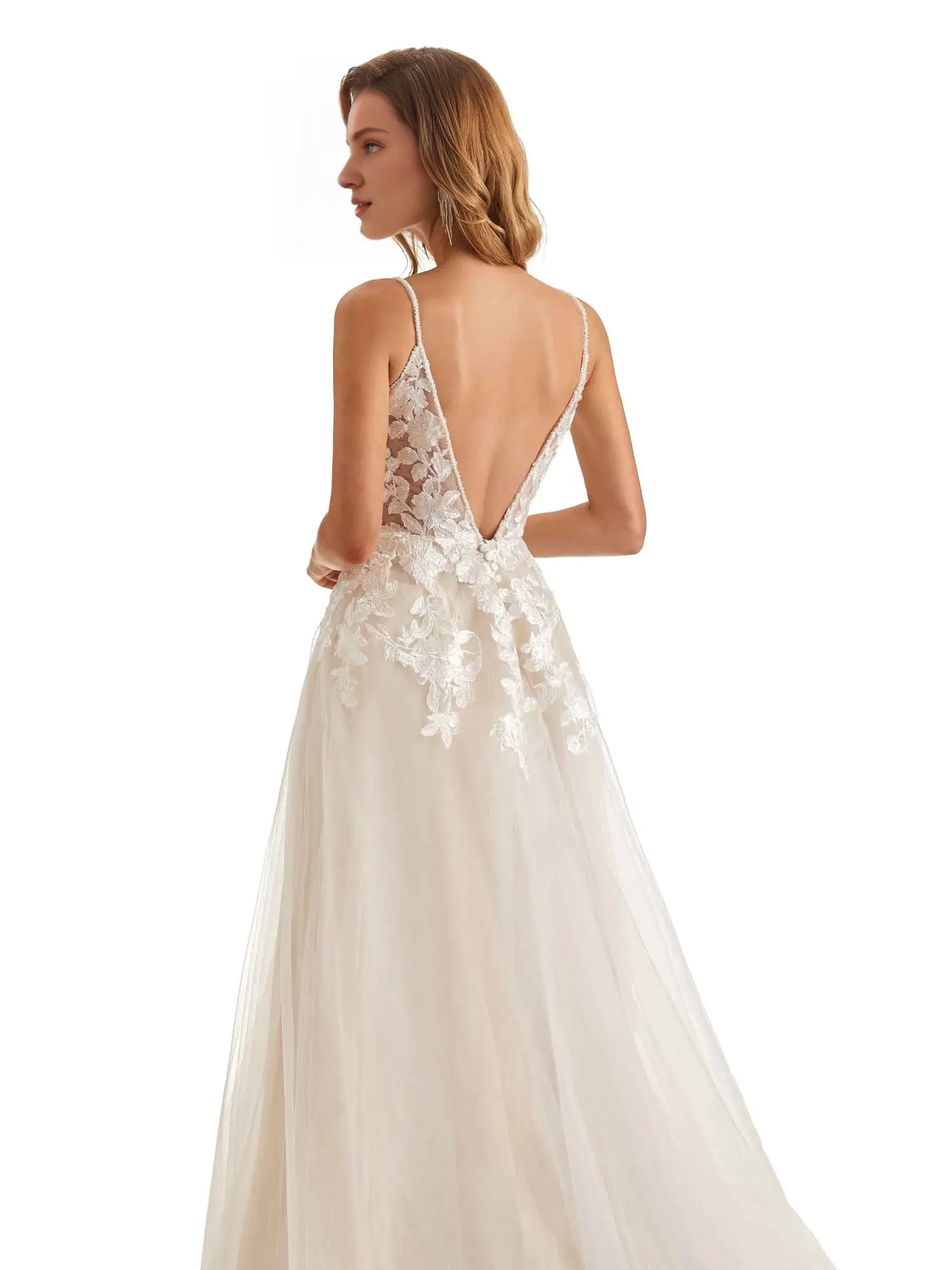 Bohemian A-Line Plunge-Neck Spaghetti-Strap Floor-Length Wedding Dress