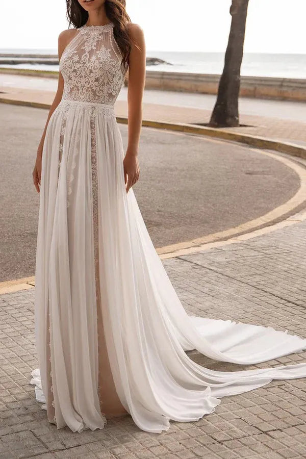 Bohemian High-Neck Sleeveless A-Line Floor-Length Wedding Dress