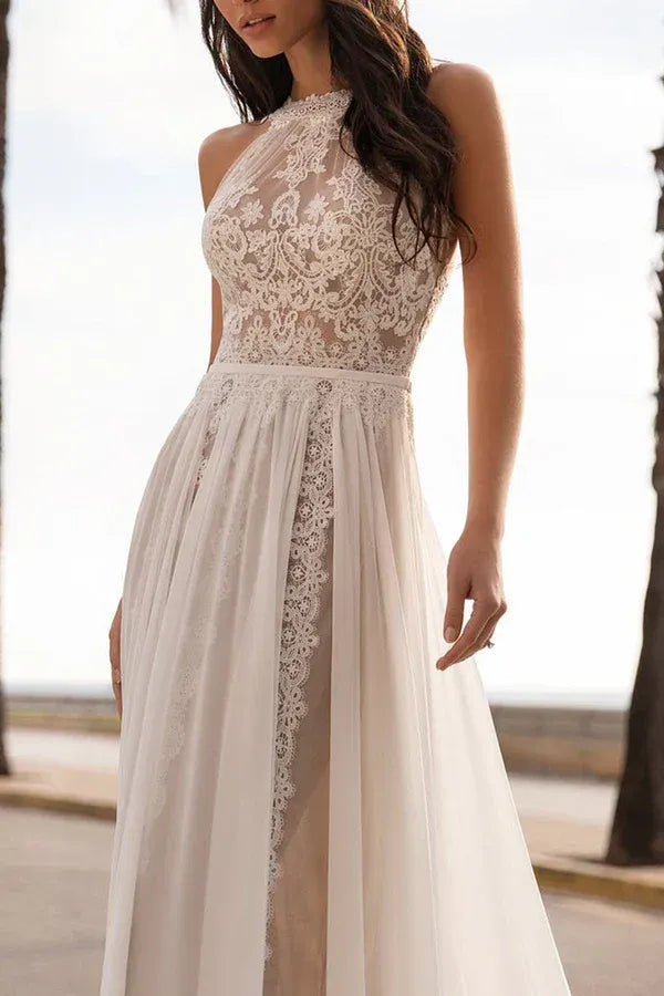Bohemian High-Neck Sleeveless A-Line Floor-Length Wedding Dress