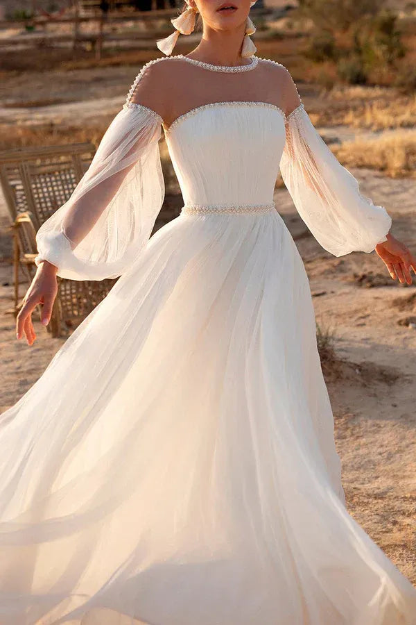 Bohemian Illusion Crew-Neck Puff-Sleeve A-Line Floor-Length Wedding Dress