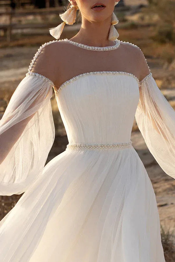 Bohemian Illusion Crew-Neck Puff-Sleeve A-Line Floor-Length Wedding Dress