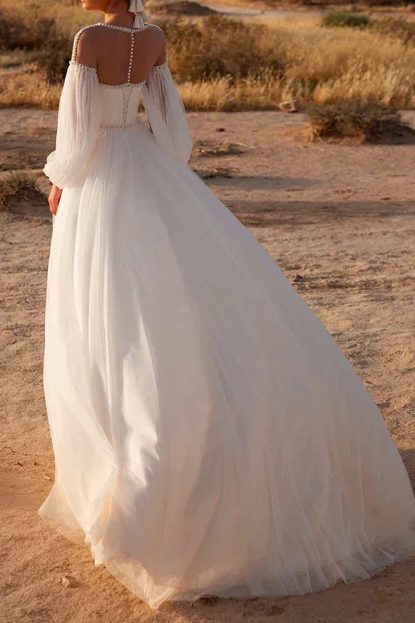Bohemian Illusion Crew-Neck Puff-Sleeve A-Line Floor-Length Wedding Dress