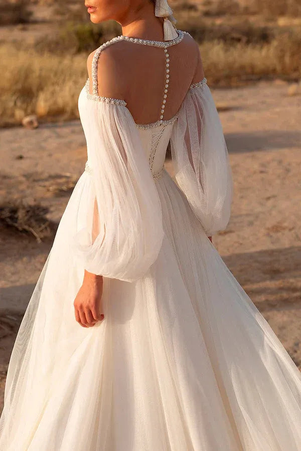 Bohemian Illusion Crew-Neck Puff-Sleeve A-Line Floor-Length Wedding Dress