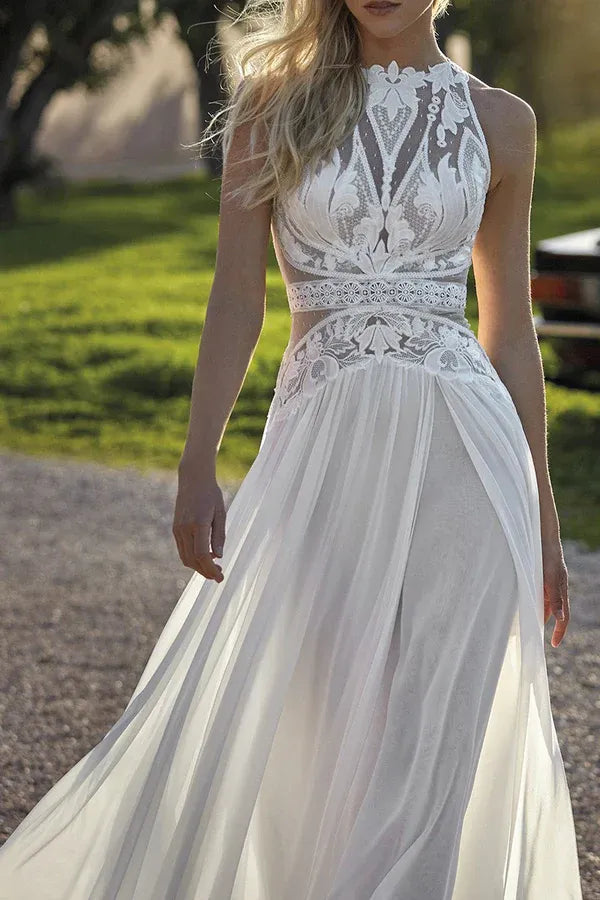 Bohemian Illusion Halter Sleeveless A-Line Floor-Length Wedding Dress