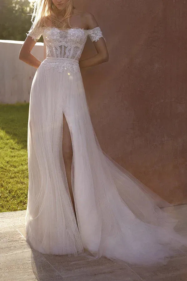 Bohemian Off-the-Shoulder Short-Sleeve A-Line Floor-Length Wedding Dress