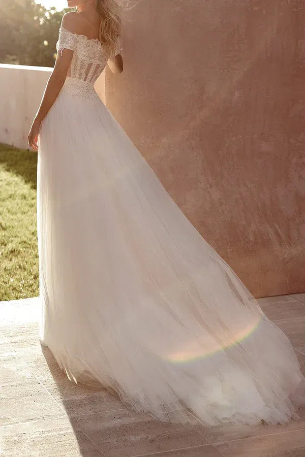 Bohemian Off-the-Shoulder Short-Sleeve A-Line Floor-Length Wedding Dress