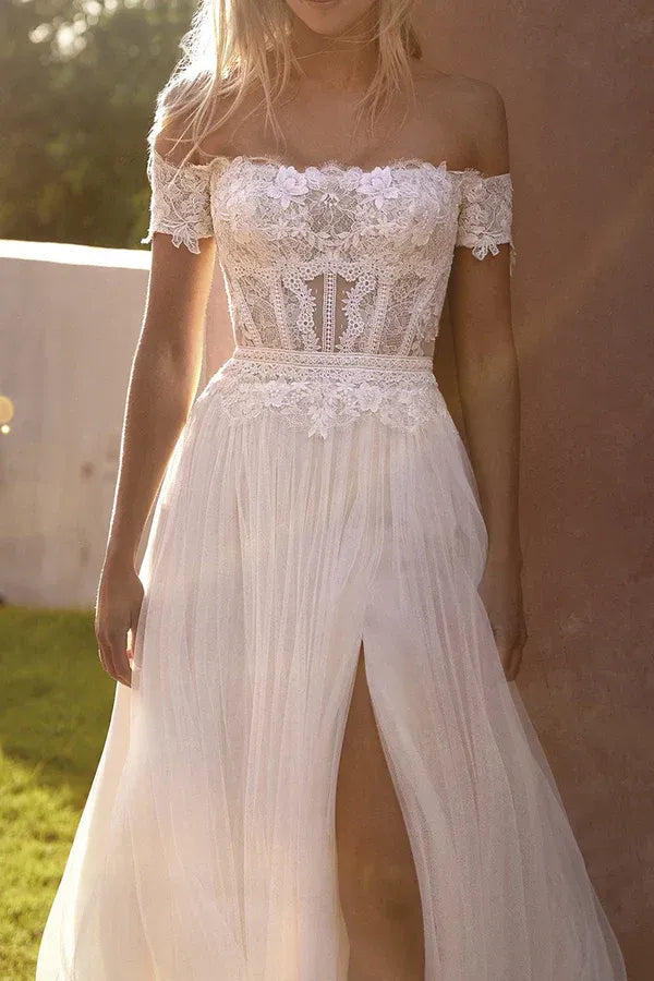 Bohemian Off-the-Shoulder Short-Sleeve A-Line Floor-Length Wedding Dress