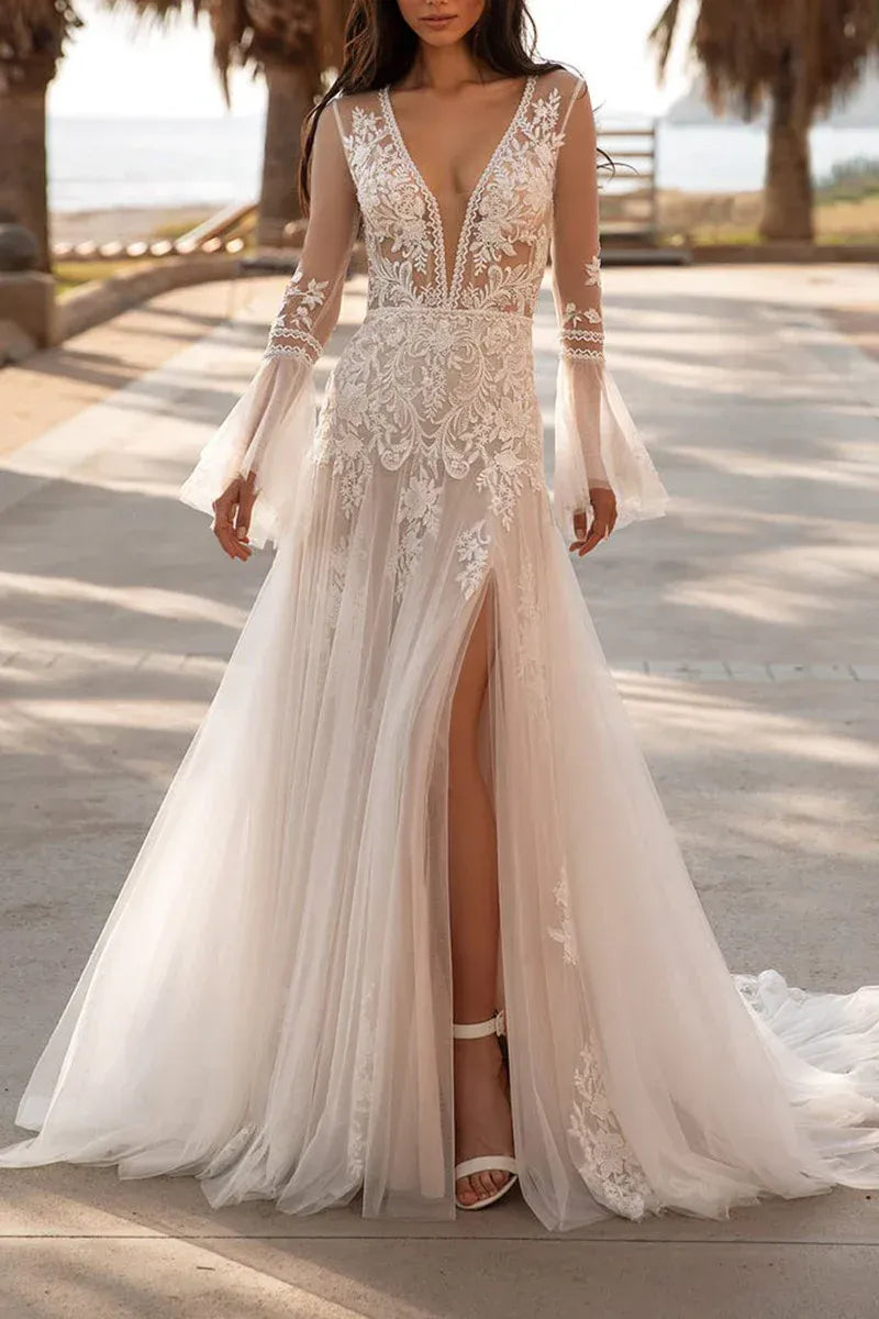Bohemian Plunging V-Neck Bell-Sleeve A-Line Floor-Length Wedding Dress