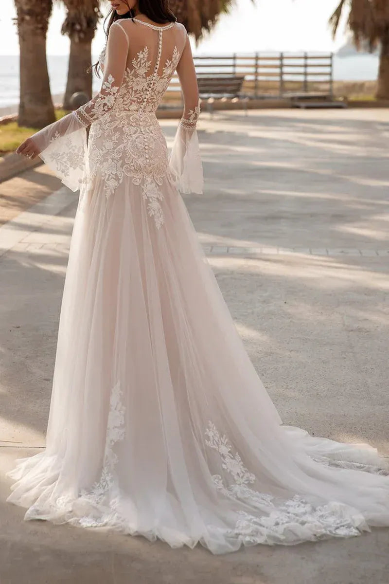 Bohemian Plunging V-Neck Bell-Sleeve A-Line Floor-Length Wedding Dress