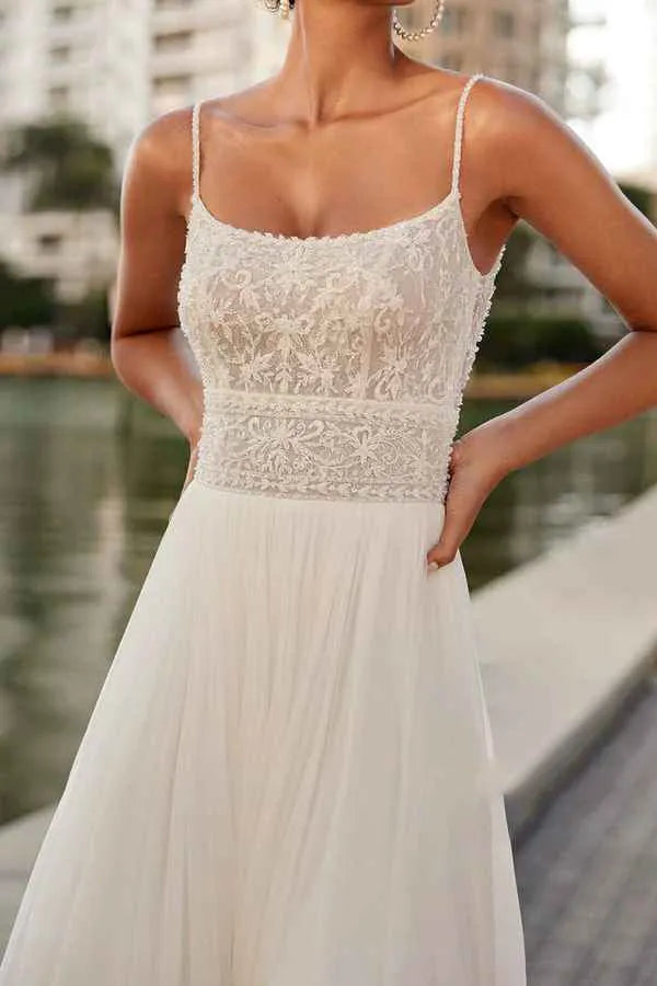 Bohemian Spaghetti-Strap Lace Chiffon A-Line Floor-Length Wedding Dress