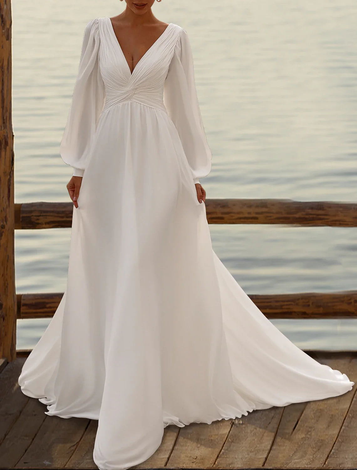 Ethereal A‑Line Deep‑V Puffed‑Long‑Sleeve Twisted‑Waist Bow‑Back Chiffon Floor‑Length Wedding Dresses For Lakeside Garden Wedding