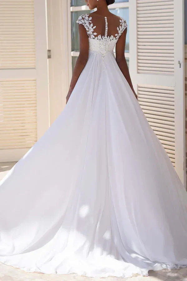 Breathtaking Illusion-Neck Cap-Sleeve A-Line Floor-Length Wedding Dress