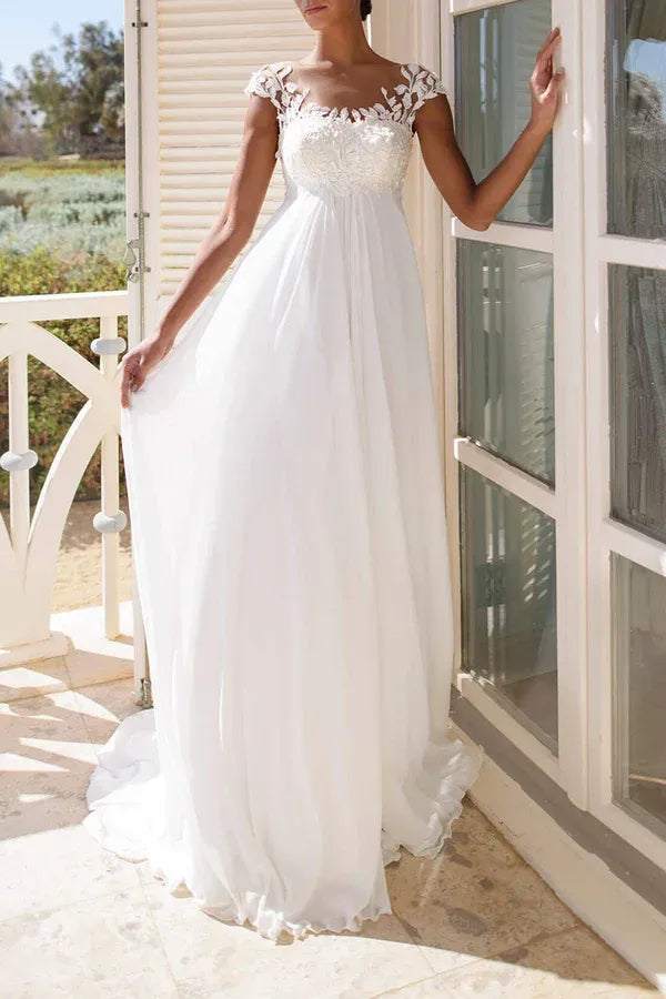 Breathtaking Illusion-Neck Cap-Sleeve A-Line Floor-Length Wedding Dress