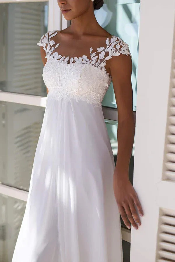 Breathtaking Illusion-Neck Cap-Sleeve A-Line Floor-Length Wedding Dress