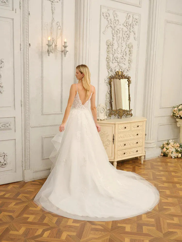 Breezy A-Line Plunge-Neck Spaghetti-Strap Floor-Length Wedding Dress