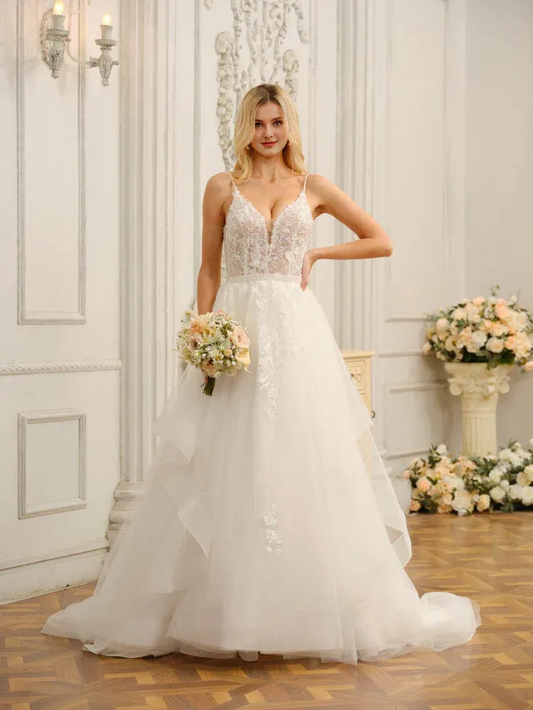 Breezy A-Line Plunge-Neck Spaghetti-Strap Floor-Length Wedding Dress