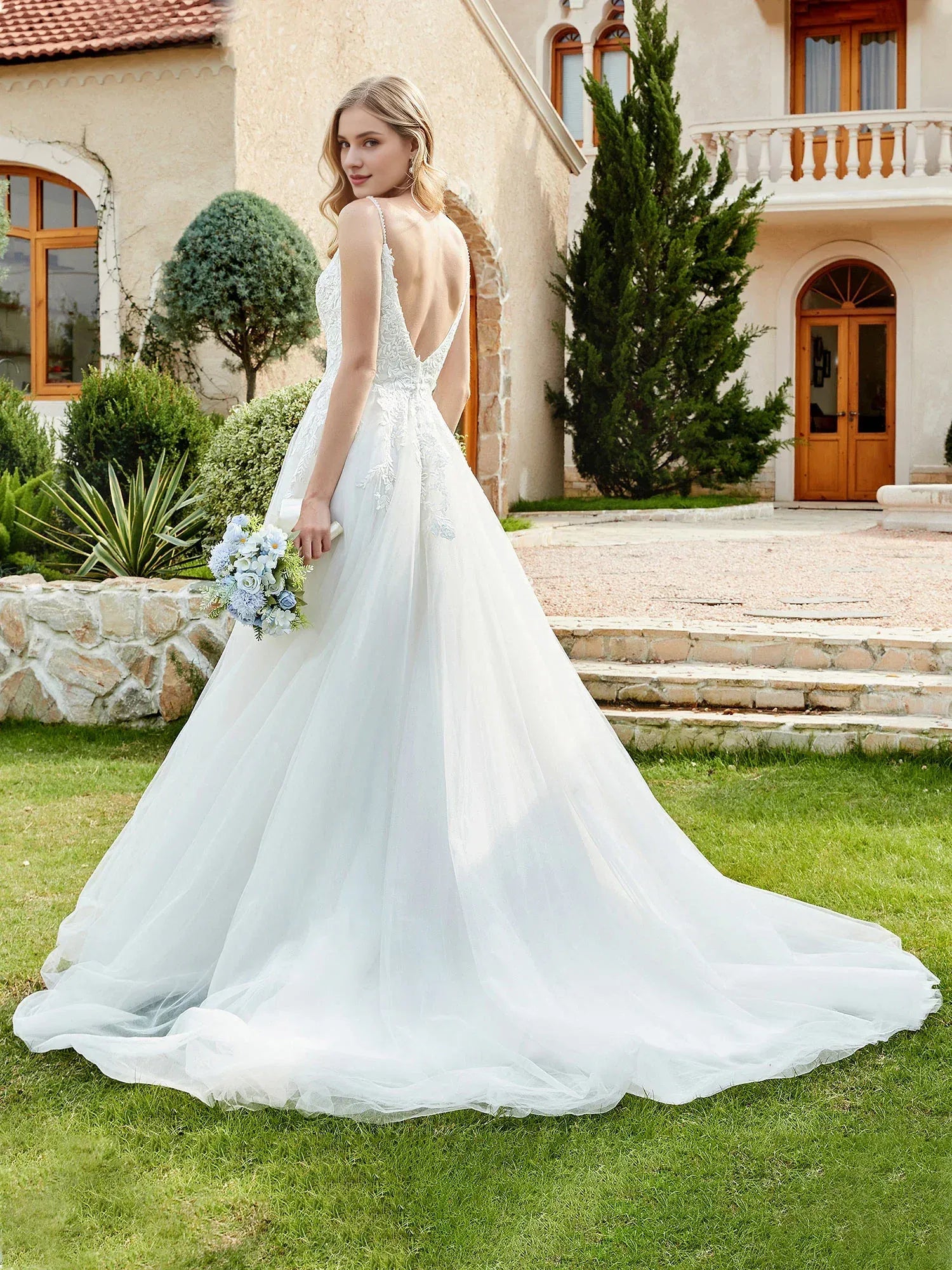 Breezy A-Line Plunging-Neck Spaghetti-Strap Floor-Length Wedding Dress