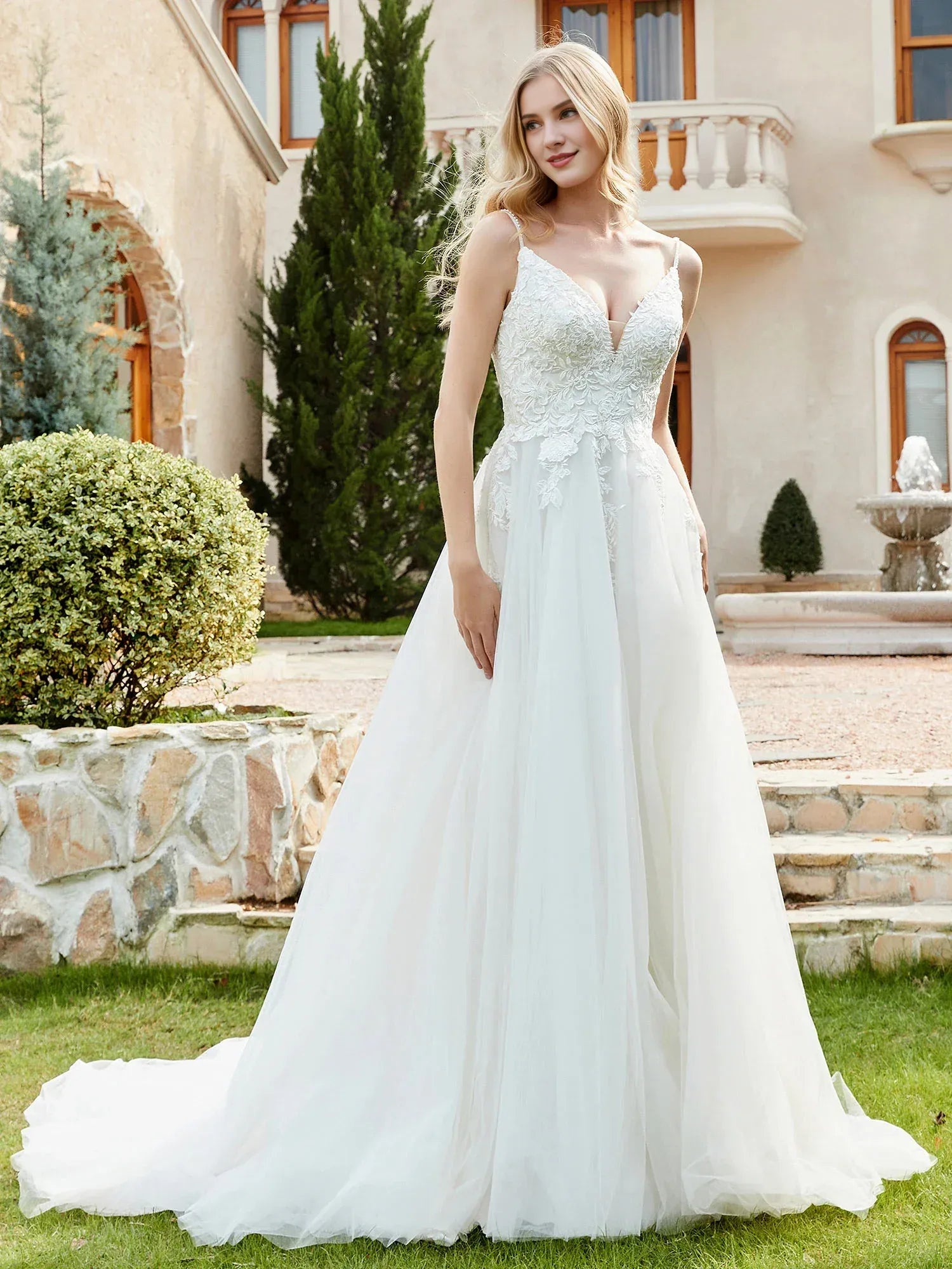 Breezy A-Line Plunging-Neck Spaghetti-Strap Floor-Length Wedding Dress
