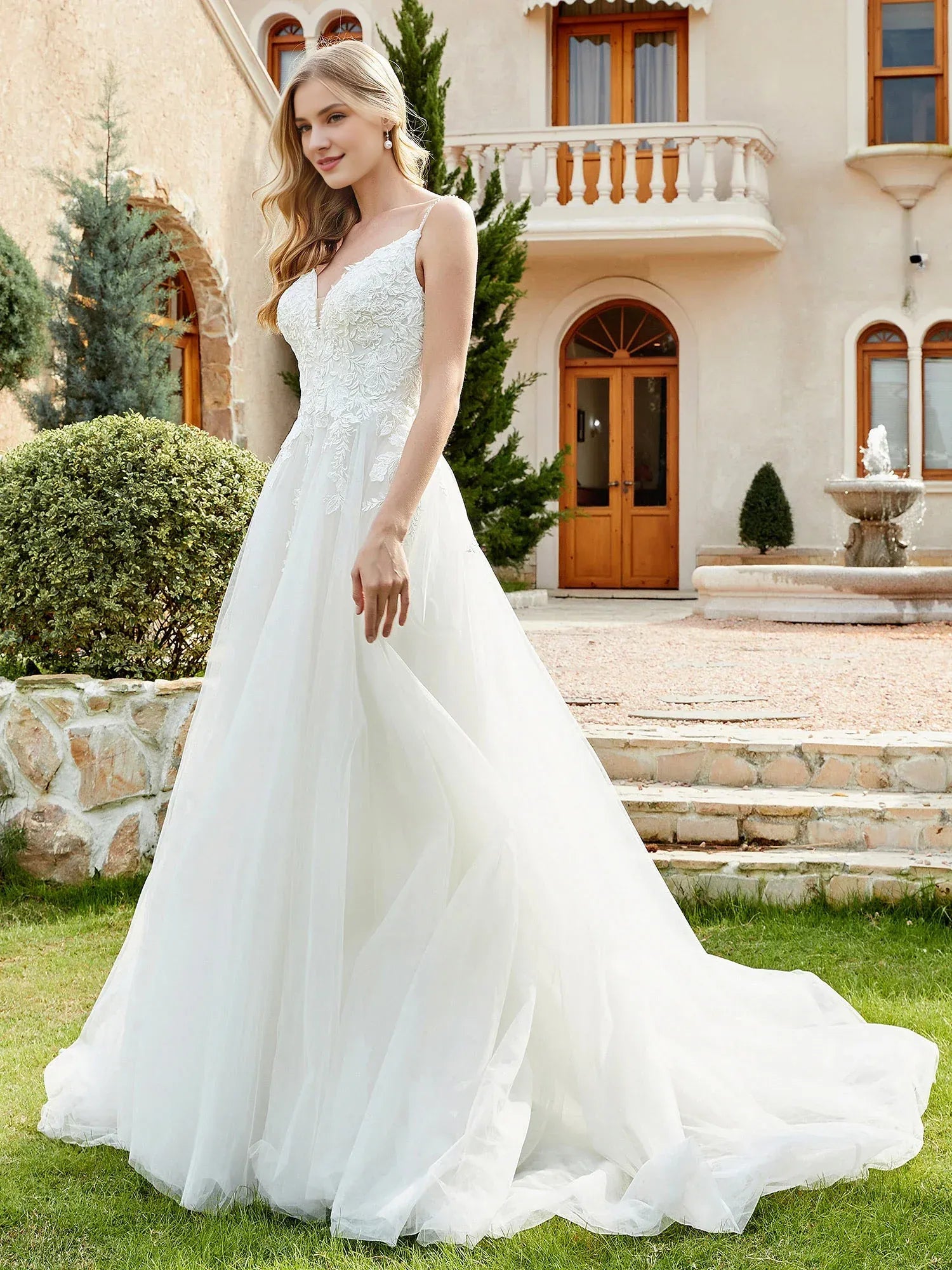 Breezy A-Line Plunging-Neck Spaghetti-Strap Floor-Length Wedding Dress