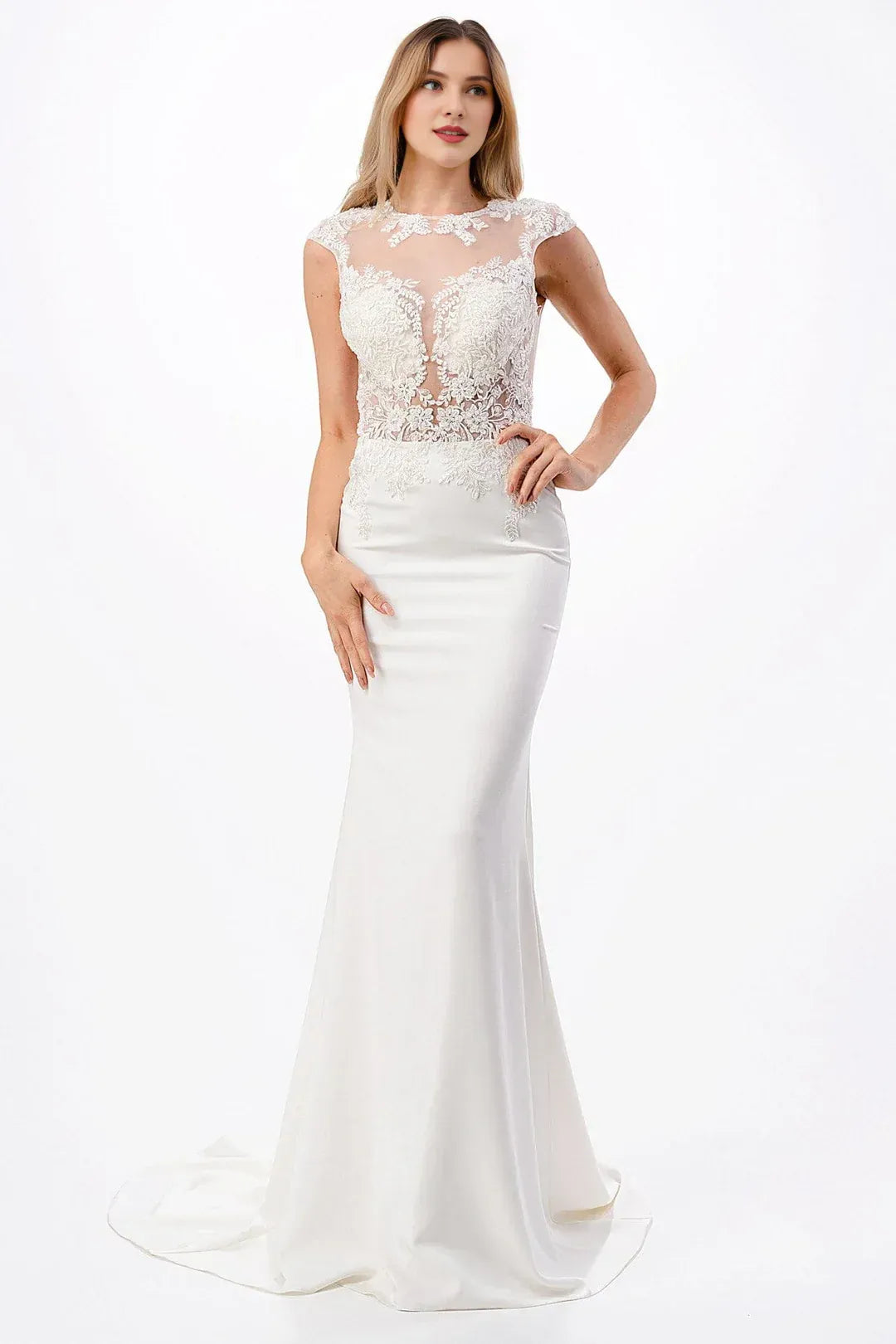 Captivating Mermaid Illusion-Neck Cap-Sleeve Floor-Length Wedding Dress