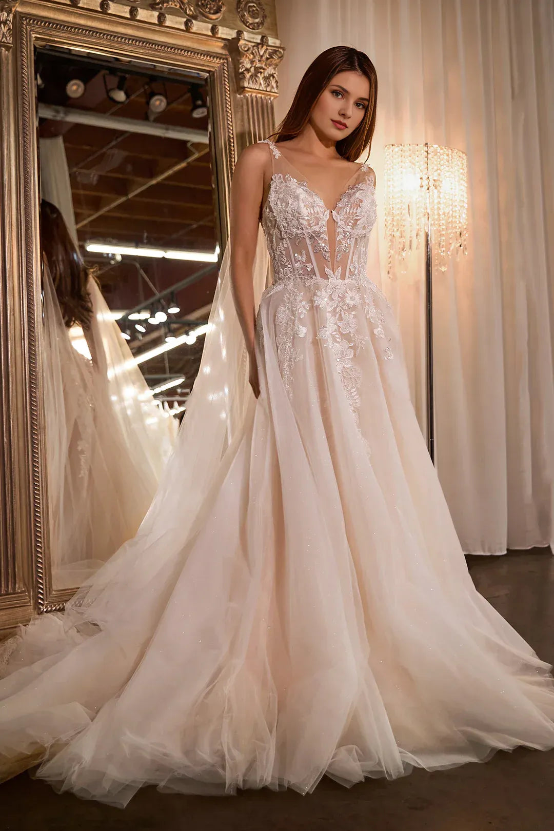 Celestial A-Line Plunge-Neck Spaghetti-Strap Floor-Length Wedding Dress