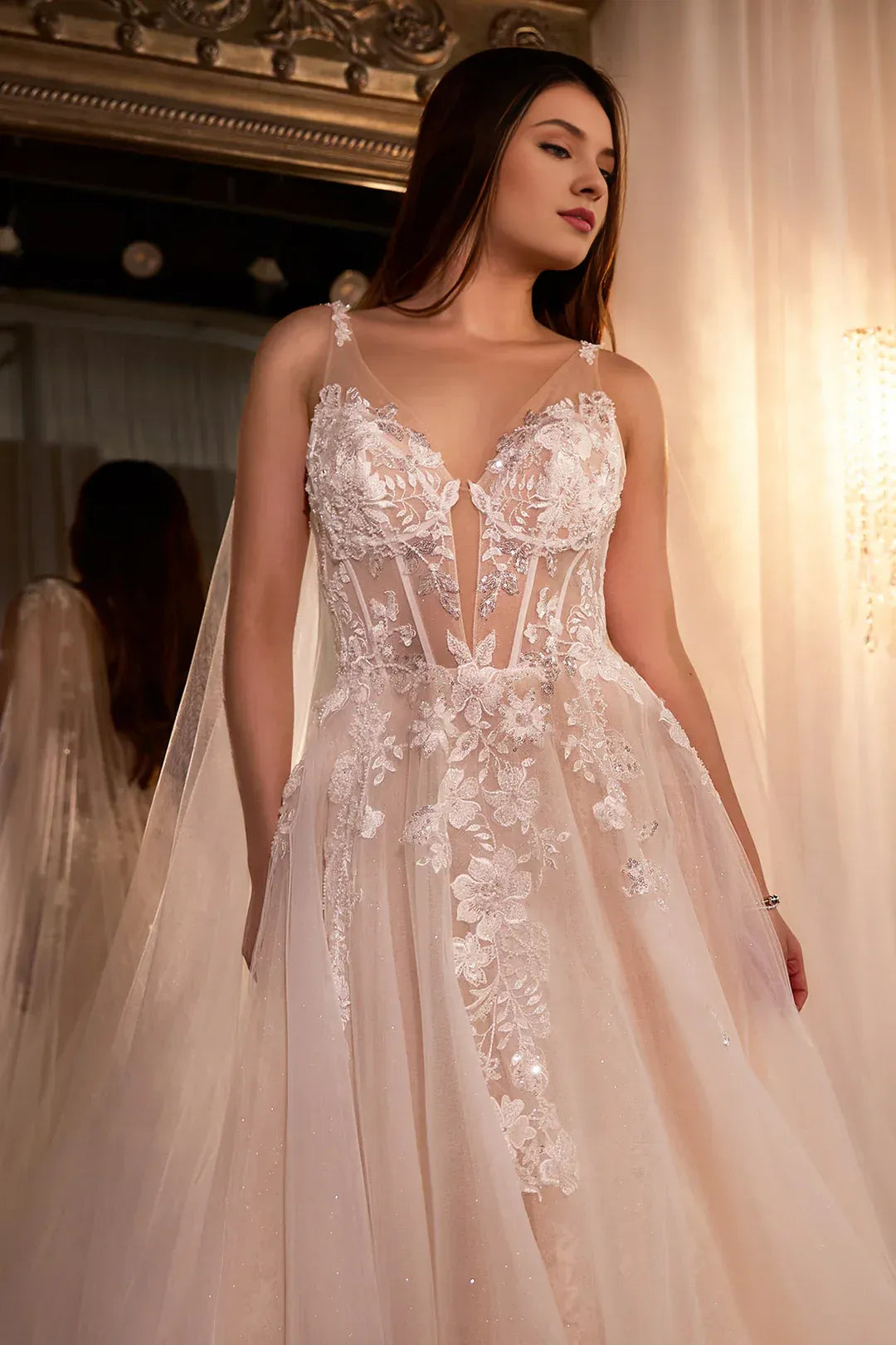 Celestial A-Line Plunge-Neck Spaghetti-Strap Floor-Length Wedding Dress