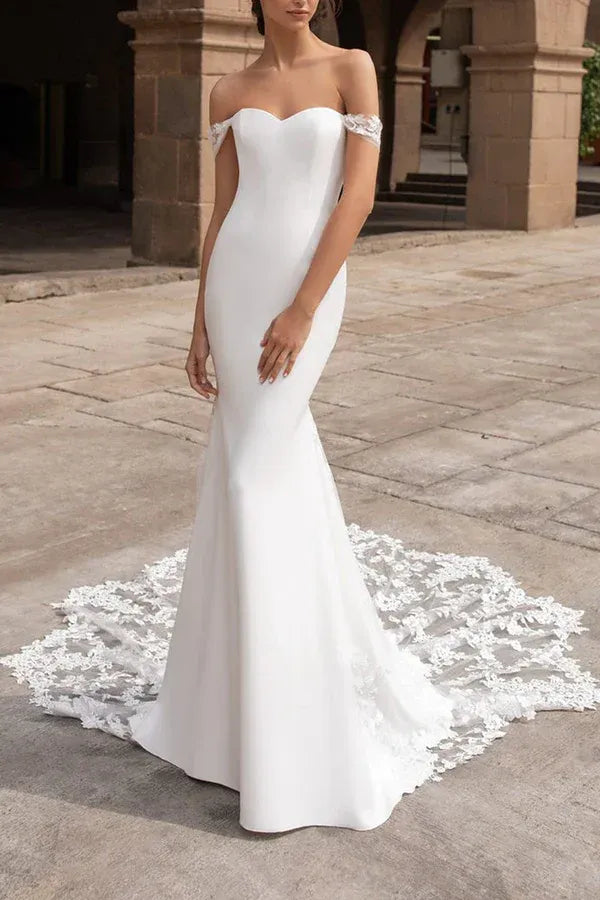 Charming Off-the-Shoulder Short-Sleeve Mermaid Floor-Length Wedding Dress