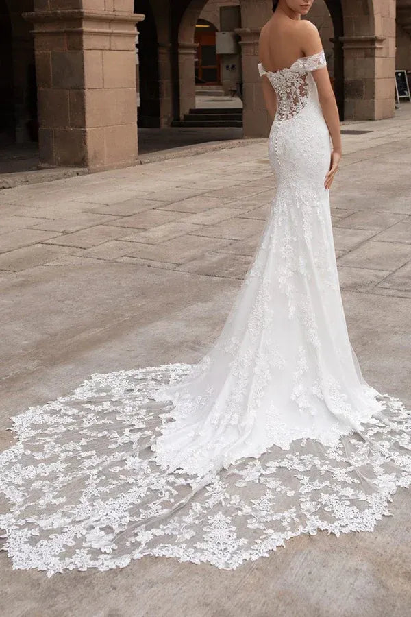 Charming Off-the-Shoulder Short-Sleeve Mermaid Floor-Length Wedding Dress
