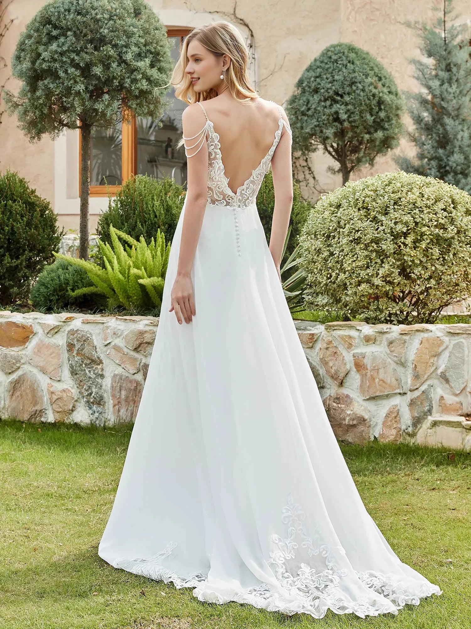 Chic A-Line Plunging-Neck Spaghetti-Strap Floor-Length Wedding Dress