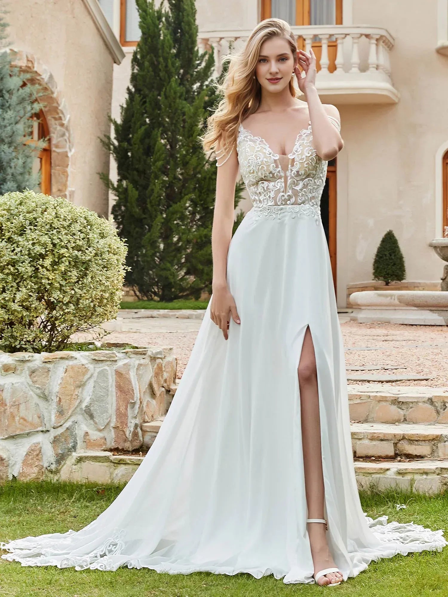 Chic A-Line Plunging-Neck Spaghetti-Strap Floor-Length Wedding Dress