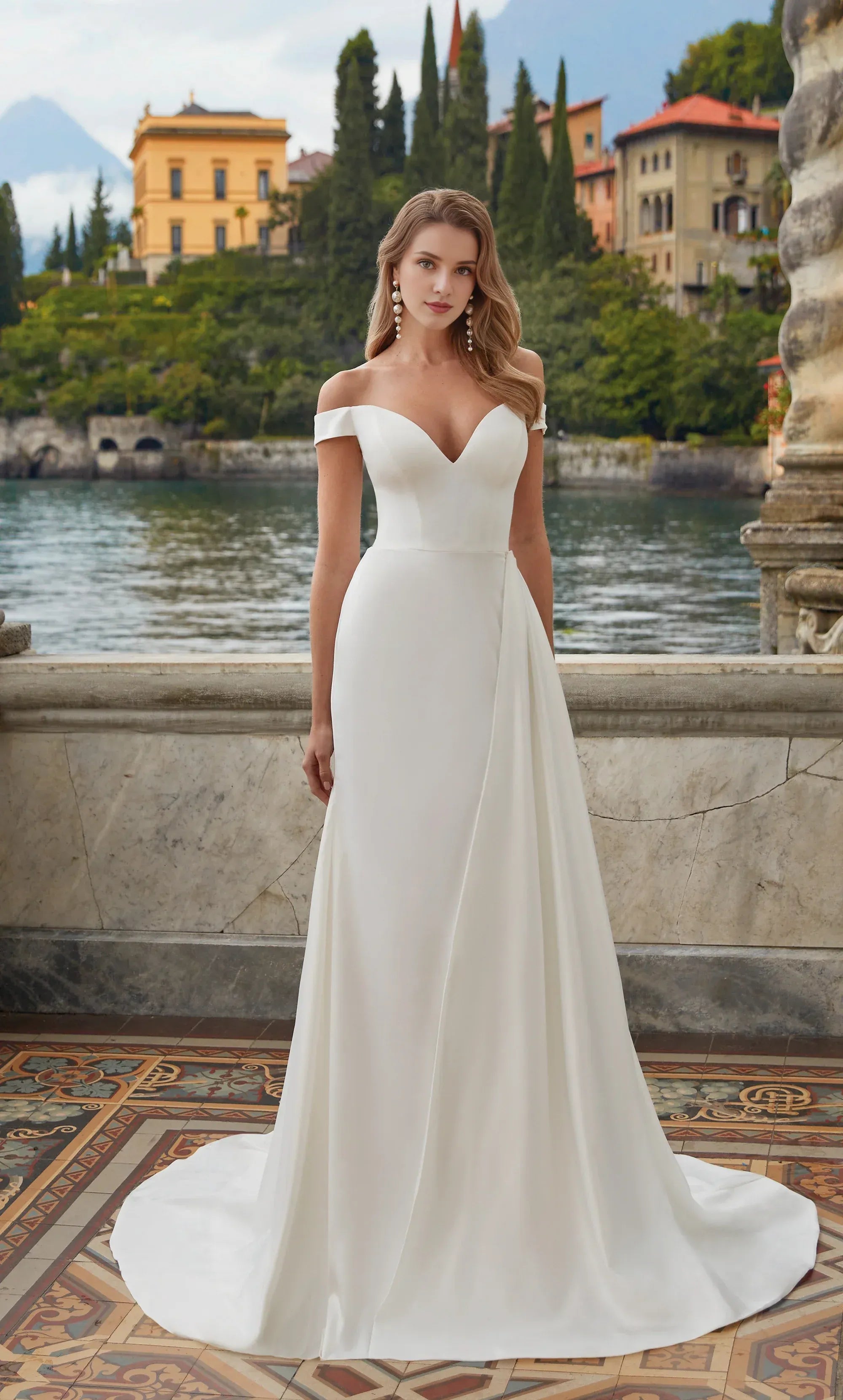 Chic Off-the-Shoulder Satin Mermaid Wedding Dress with Overlay Skirt