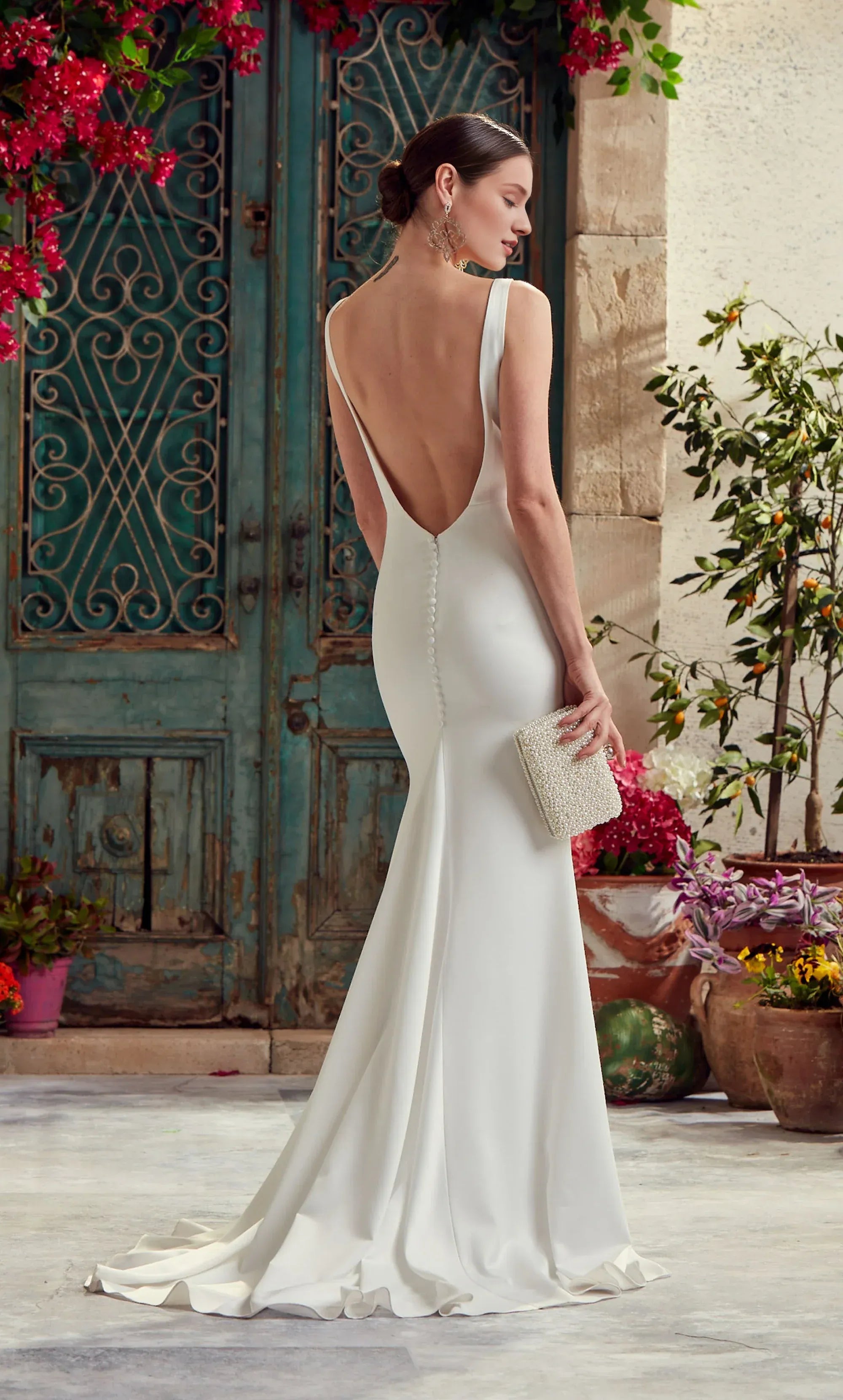 Chic Satin Mermaid Plunge V Neck Low Back Train Wedding Dress