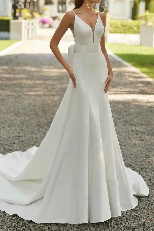 Chic V-Neck Satin Mermaid Floor-Length Wedding Dress