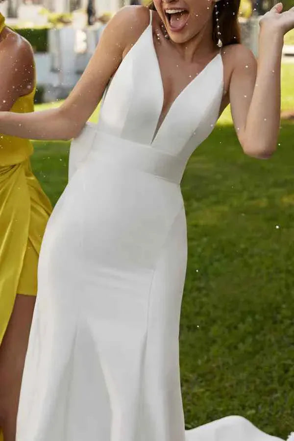 Chic V-Neck Satin Mermaid Floor-Length Wedding Dress