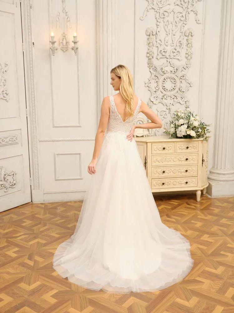 Classic A-Line Plunge-Neck Spaghetti-Strap Floor-Length Wedding Dress