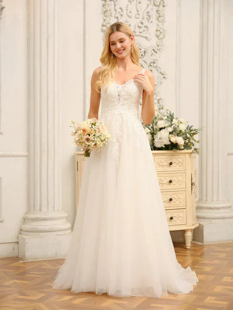 Classic A-Line Plunge-Neck Spaghetti-Strap Floor-Length Wedding Dress