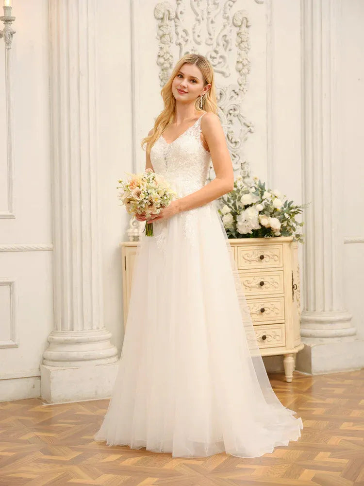 Classic A-Line Plunge-Neck Spaghetti-Strap Floor-Length Wedding Dress