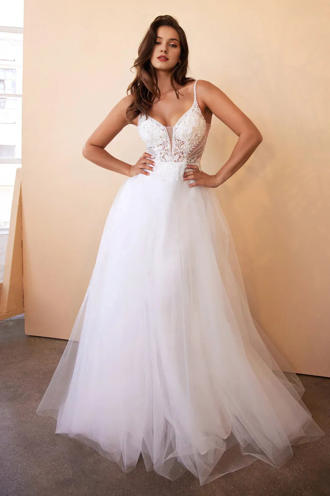 Dazzling A-Line Plunge-Neck Spaghetti-Strap Floor-Length Wedding Dress