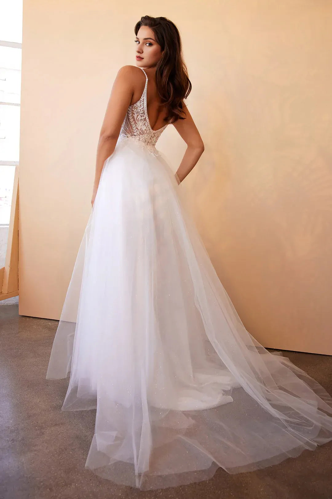 Dazzling A-Line Plunge-Neck Spaghetti-Strap Floor-Length Wedding Dress