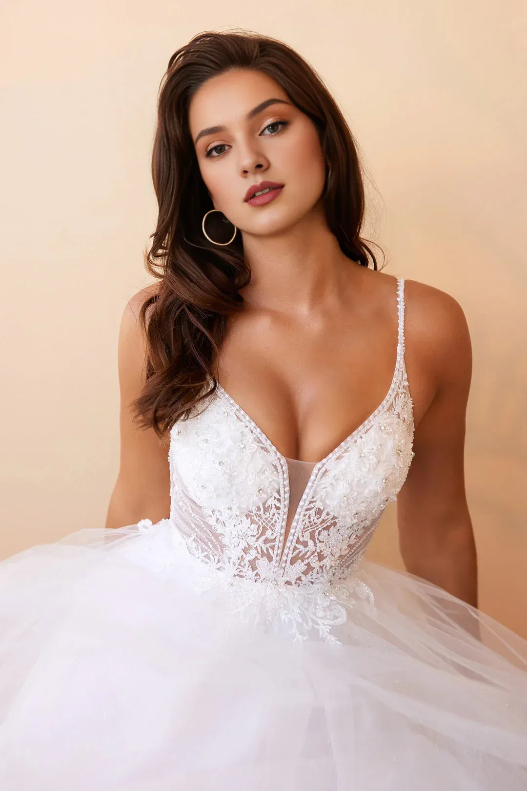 Dazzling A-Line Plunge-Neck Spaghetti-Strap Floor-Length Wedding Dress