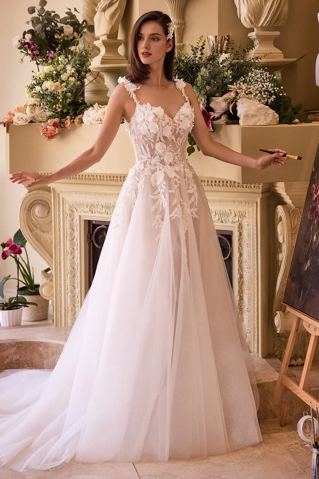 Delicate A-Line Plunge-Neck Spaghetti-Strap Floor-Length Wedding Dress