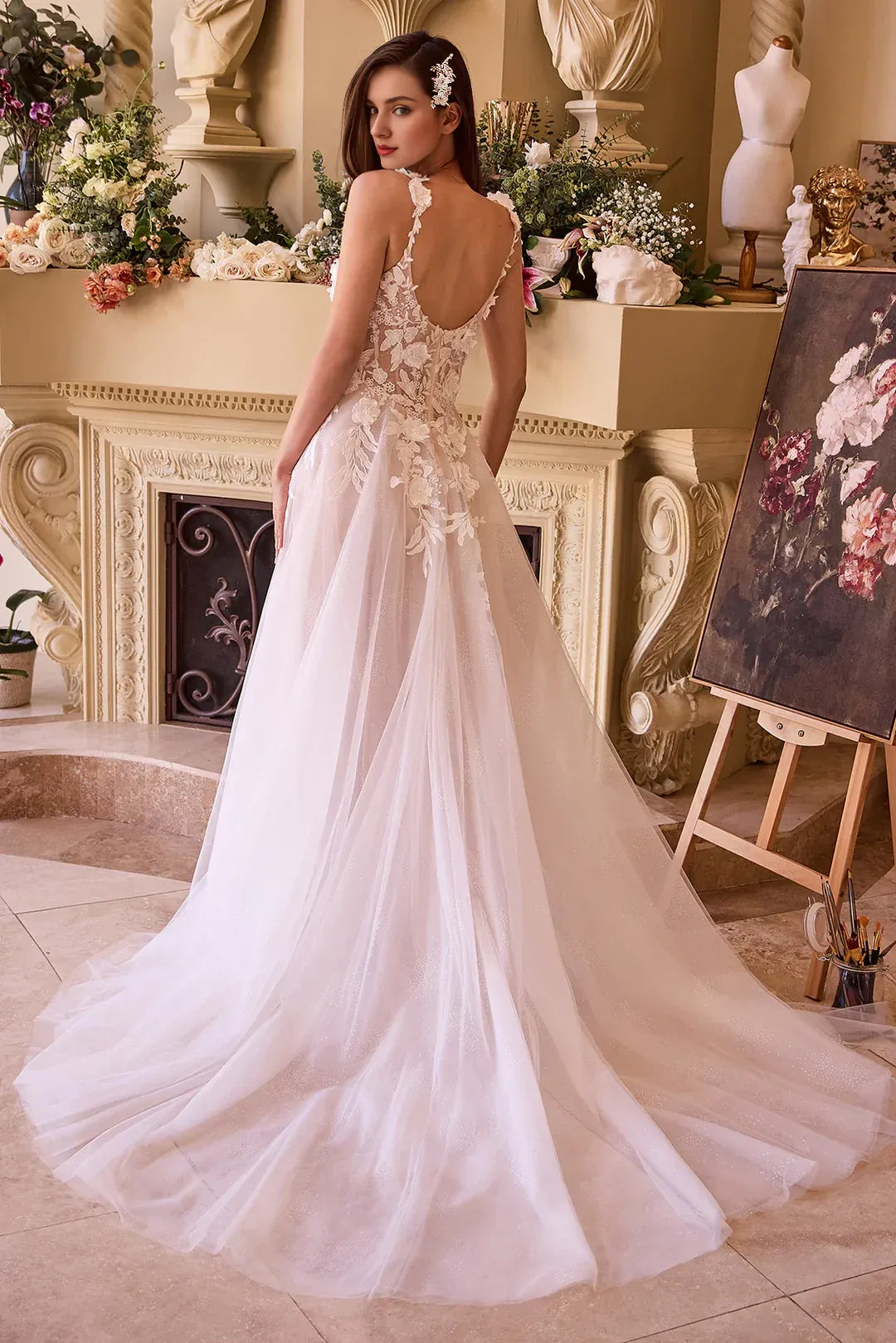 Delicate A-Line Plunge-Neck Spaghetti-Strap Floor-Length Wedding Dress