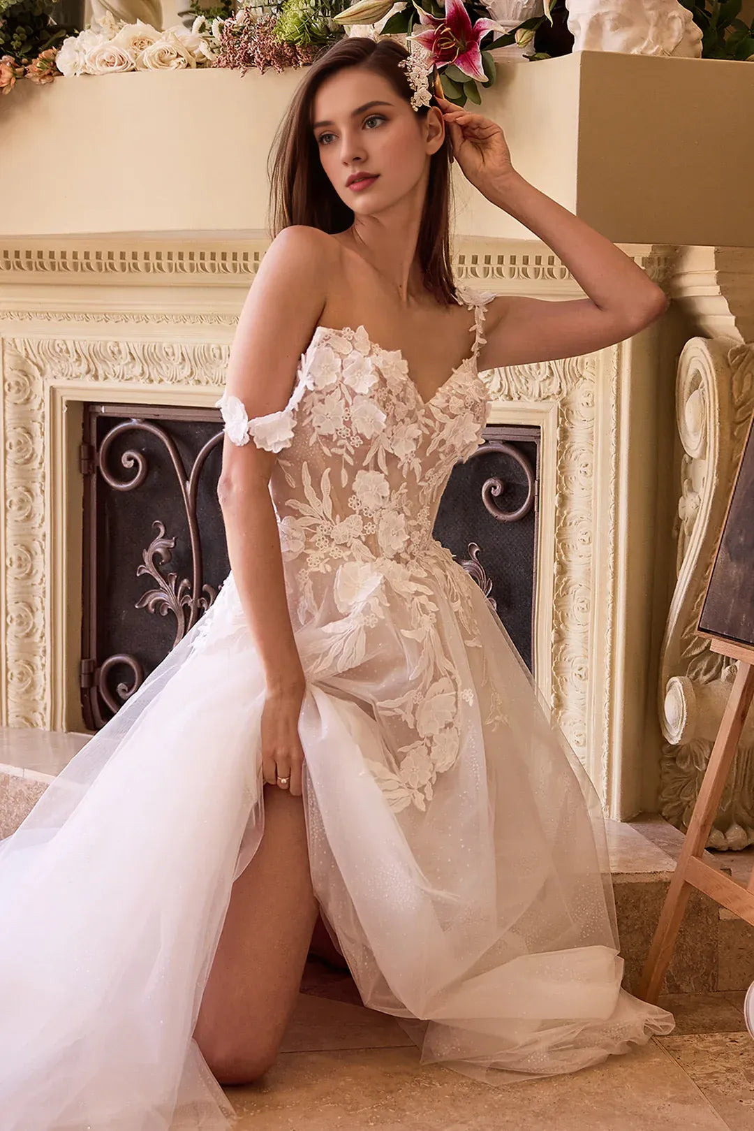 Delicate A-Line Plunge-Neck Spaghetti-Strap Floor-Length Wedding Dress